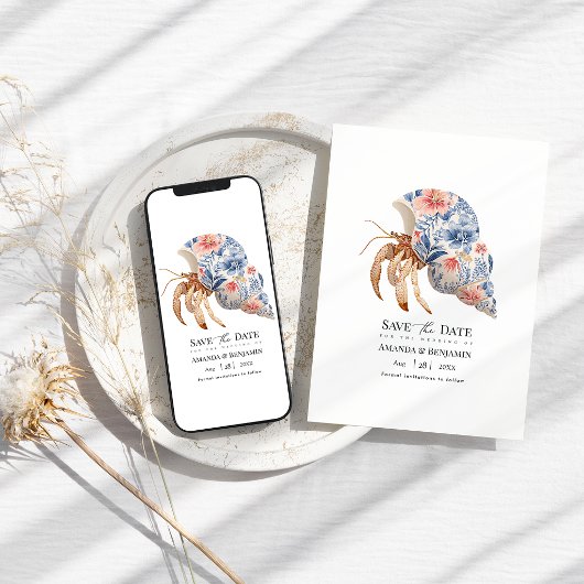 Floral Hermit Crab Coastal Beach Wedding Nautical Save The Date