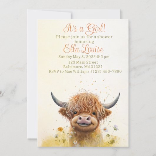 Floral Highland Cow Baby Dusche Einladung (Vorderseite)