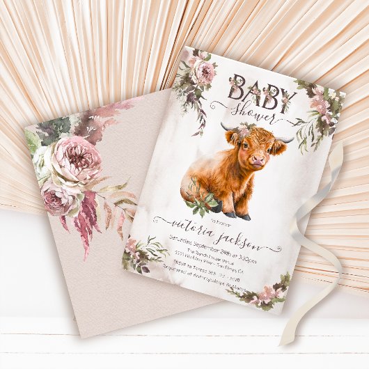 Floral Highland Cow Baby Dusche Einladung