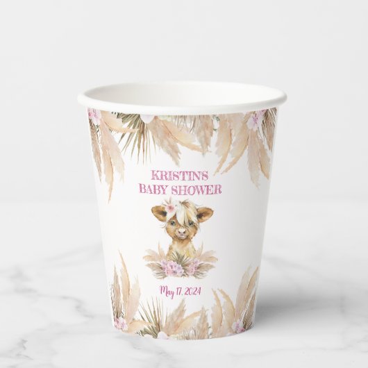 Floral Highland Cow Baby Dusche Pappbecher (Vorderseite)