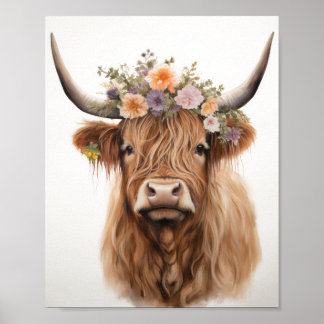 Floral Highland Cow Poster