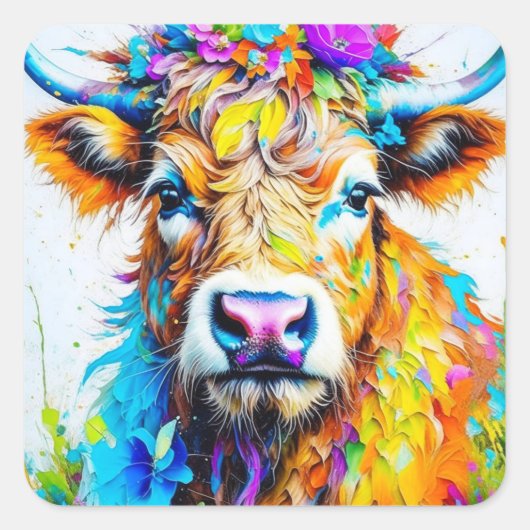 Floral Highland Cow Quadratischer Aufkleber (Vorderseite)