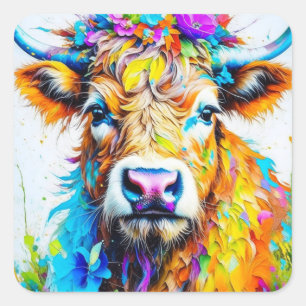 Floral Highland Cow Quadratischer Aufkleber