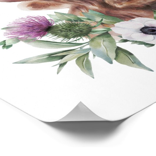 Floral Highland Cow Wasserfarbe Decoupage Print Poster (Ecke)