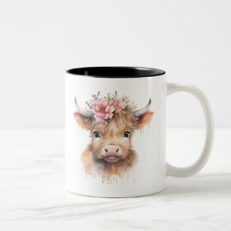 Floral Highland Cow Watercolor Zweifarbige Tasse