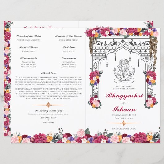 Floral Hindu Hochzeitfeier Faltprogramm (Vorne/Hinten)