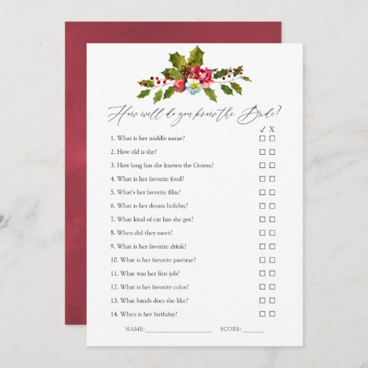 Floral Holly Christmas Brautparty Game Einladung (Vorne/Hinten)