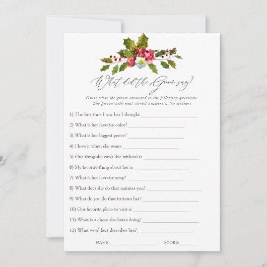 Floral Holly Christmas Brautparty Game Einladung (Vorderseite)