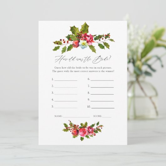 Floral Holly Christmas Brautparty Game Einladung (Stehend Vorderseite)