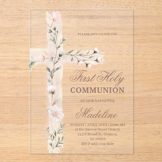 floral Holy cross First Communion Acryleinladungen (Vorderseite)