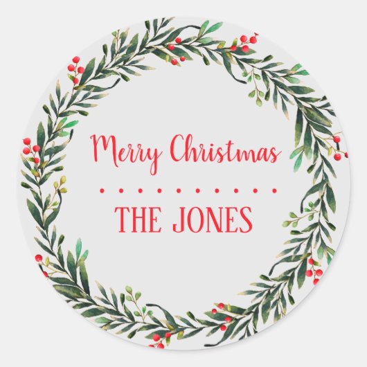 Floral Holy Kreath | Personalisierte Weihnachten Runder Aufkleber (Vorderseite)