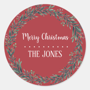Floral Holy Kreath   Personalisierte Weihnachten Runder Aufkleber