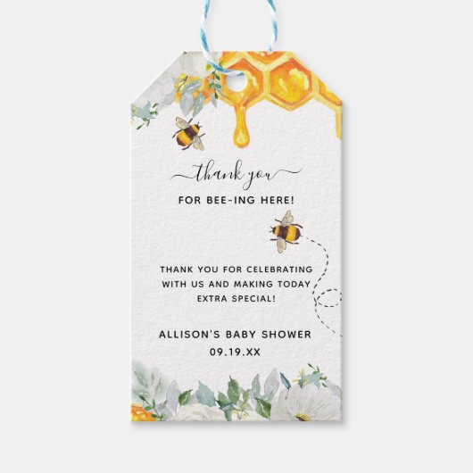 Floral Honeycomb Bumble Bee Baby Dusche Vielen Dan Geschenkanhänger (Vorderseite)