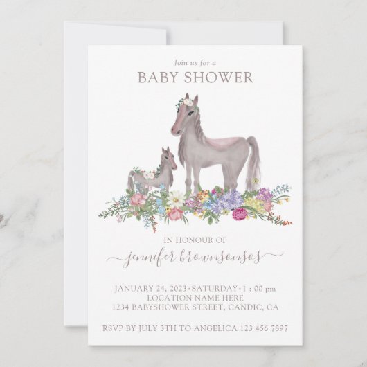Floral Horse Mommy Baby Einladung (Vorderseite)