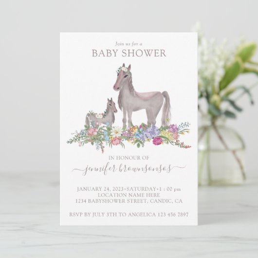 Floral Horse Mommy Baby Einladung (Stehend Vorderseite)