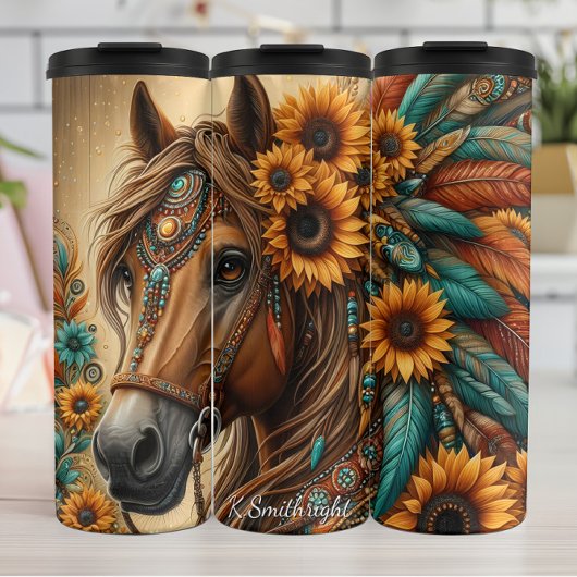 Floral Horse Sunflower Feather Adornment Thermosbecher