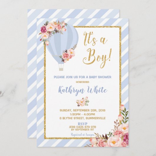 Floral Hot Air Ballon Baby Dusche Einladung Boy (Vorne/Hinten)