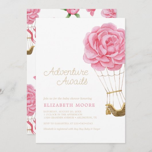 Floral Hot Air Ballon Baby Shooting Peony | Einladung (Vorne/Hinten)