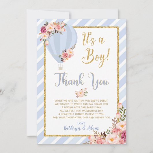 Floral Hot Air Ballon Babydusche Danke Karten (Vorderseite)