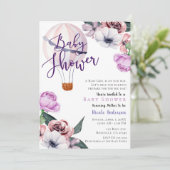 Floral Hot Air Ballon Babyduschmaschine lila Einladung (Stehend Vorderseite)