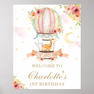 Floral Hot Air Ballon Geburtstag Tiere Willkommen Poster