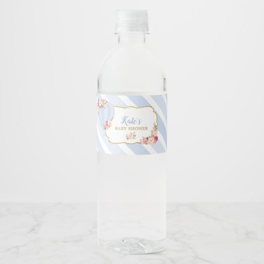 Floral Hot Air Balloon Baby Shower Blue Baby Boy Wasserflaschenetikett (Vorderseite)