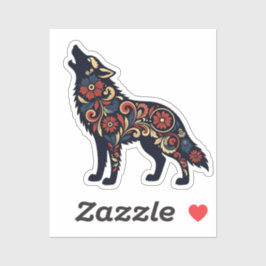  Floral Howling Wolf - Dark Blue Ornamental Folk A Aufkleber