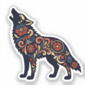 Floral Howling Wolf - Dark Blue Ornamental Folk A Aufkleber (Vorderseite)