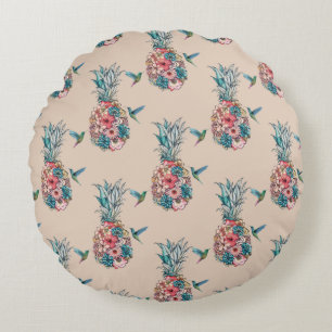 Floral Hummingbird Tropische Ananas Creme Rundes Kissen