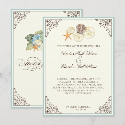 Floral Hydrangea Blume Seashell Wirbel Beach Einladung (Vorne/Hinten)