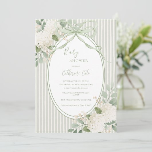 Floral Hydrangeas Sage Green Whimsical Baby I Einladung (Stehend Vorderseite)