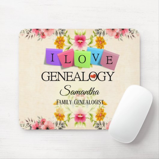 Floral I love Genealogy Mousepad (Mit Mouse)