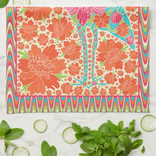 Floral Ibis Bird Retro Wavy Border Design Geschirrtuch (Gefaltet)