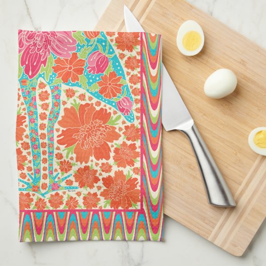 Floral Ibis Bird Retro Wavy Border Design Geschirrtuch (Viertel Falte)