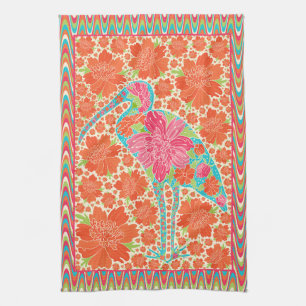 Floral Ibis Bird Retro Wavy Border Design Geschirrtuch