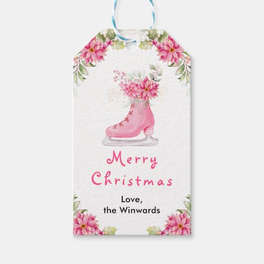 Floral Ice Skate Pink Merry Christmas Geschenkanhänger (Vorderseite)
