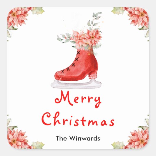 Floral Ice Skate Red Merry Christmas Quadratischer Aufkleber (Vorderseite)