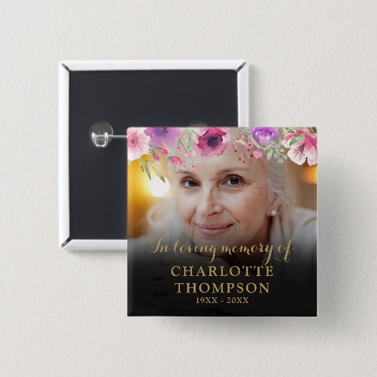 Floral in Love Memory Beerdigung Foto Button (Vorne & Hinten)