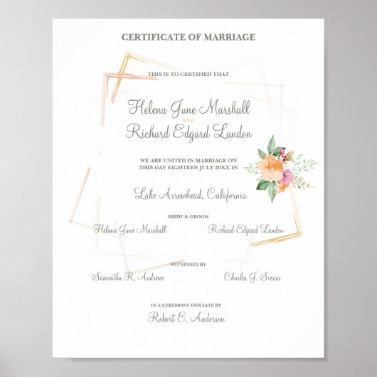 Floral in Peach Wedding Certified Souvenir Poster (Vorne)