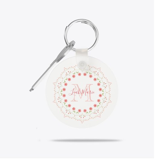 Floral Initial Monogram Pink Mandala Personalisier Schlüsselanhänger