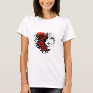 Floral Ink Beauty - Red & Black Tattoo Art T-Shirt