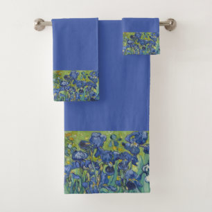 Floral-Iris-Grenze auf mittlerem blauen Hintergrun Badhandtuch Set