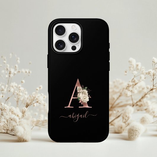 Floral Ivory Rose Gold Monogram Letter "A Black Case-Mate iPhone Hülle