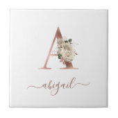 Floral Ivory Rose Gold Monogram Letter "A" Fliese (Vorderseite)