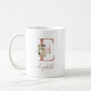 Floral Ivory Rose Gold Monogram Letter "E" Kaffeetasse