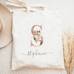 Floral Ivory Rose Gold Monogram Letter S Tragetasche
