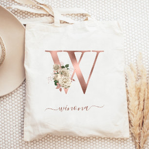 Floral Ivory Rose Gold Monogram Letter W Tragetasche