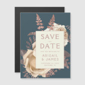 Floral Ivory Rose Gold Save the Date Aquamarin Magneteinladung (Vorne/Hinten)