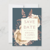 Floral Ivory Rose Gold Save the Date Aquamarin Magneteinladung (Vorderseite)