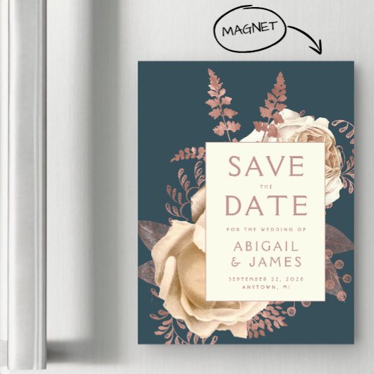 Floral Ivory Rose Gold Save the Date Aquamarin Magneteinladung